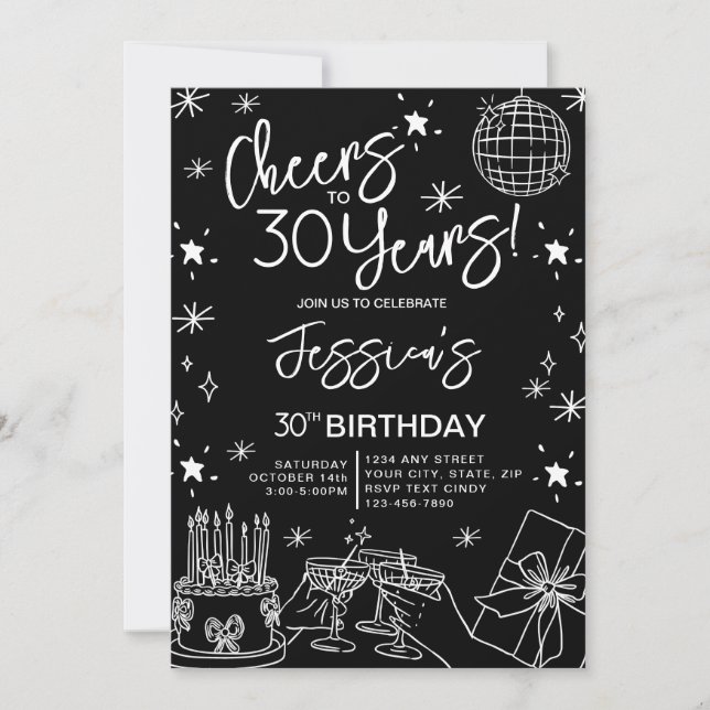Invitación Elegante de moda negro y blanco 30 cumpleaños (Anverso)