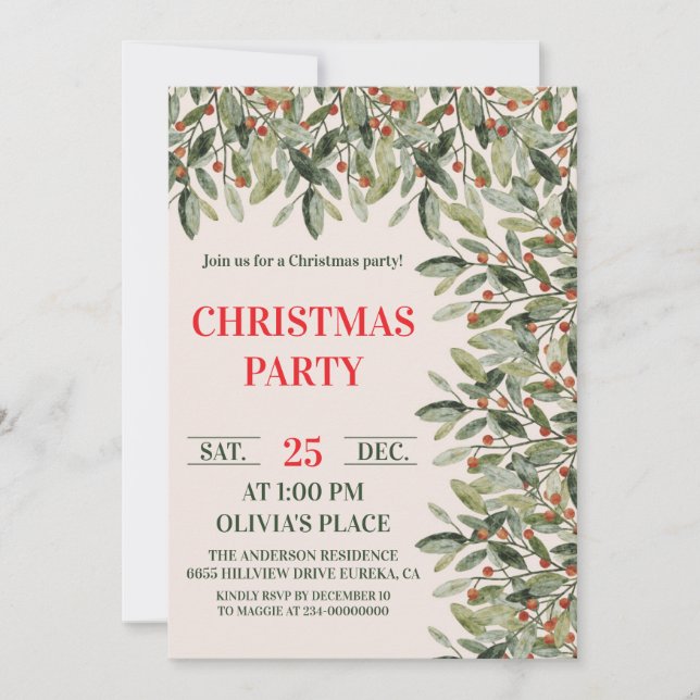 Invitación elegante de Navidad con temática botáni (Anverso)
