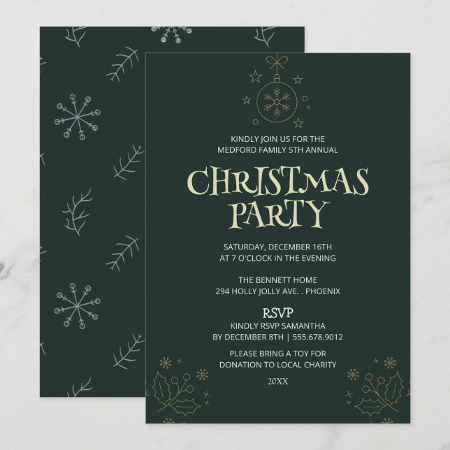 Invitación elegante de Navidad en verde - Fiesta (Anverso / Reverso)