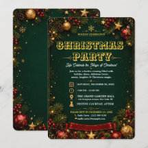 Invitación elegante de Navidad en verde y dorado p