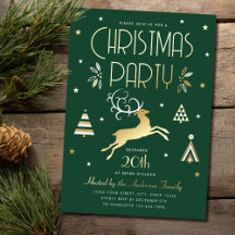 Invitación elegante de Navidad en verde y oro con