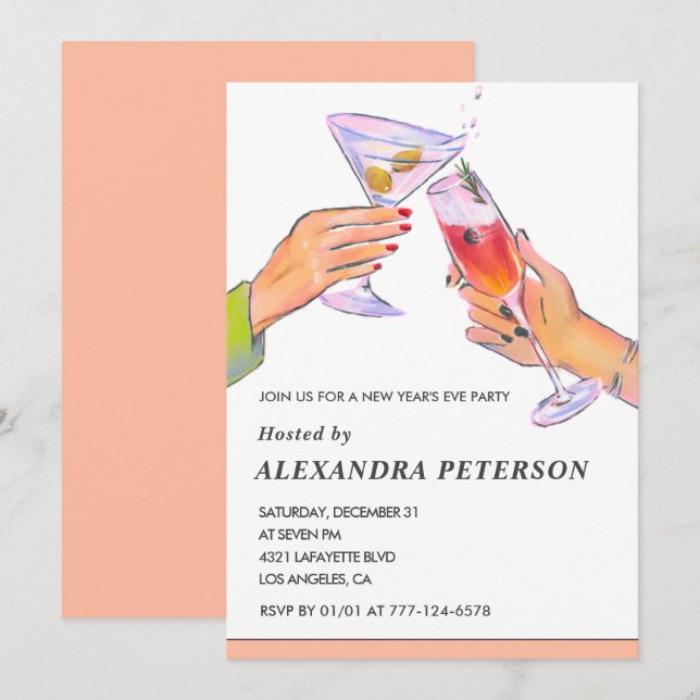 Invitación elegante de Nochevieja a fiesta de cóct (Anverso / Reverso)