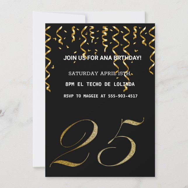 INVITACIÓN ELEGANTE DE ORO NEGRO PARA SU CUMPLEAÑO (Anverso)