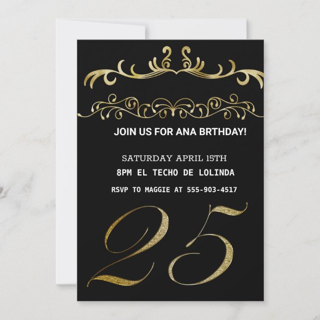 INVITACIÓN ELEGANTE DE ORO NEGRO PARA SU CUMPLEAÑO (Anverso)