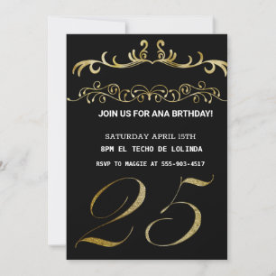 INVITACIÓN ELEGANTE DE ORO NEGRO PARA SU CUMPLEAÑO