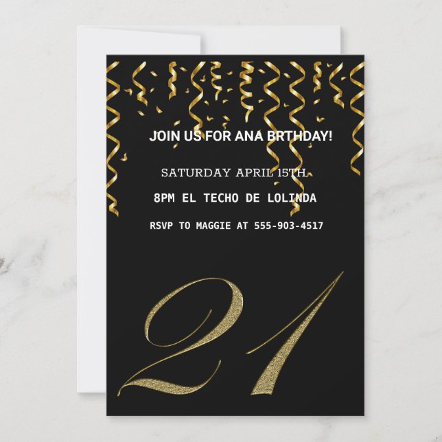 INVITACIÓN ELEGANTE DE ORO NEGRO PARA SU CUMPLEAÑO (Anverso)