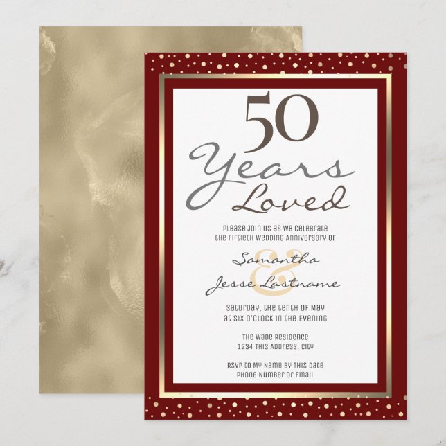 Invitación elegante de oro para aniversario de bod (Anverso / Reverso)