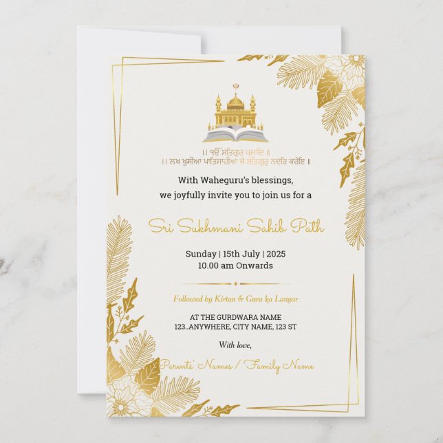 Invitación elegante de oro para el Path de Sukhman (Anverso)