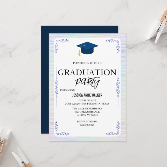 Invitación elegante de oro para fiesta de graduaci (Anverso/Reverso In Situ)