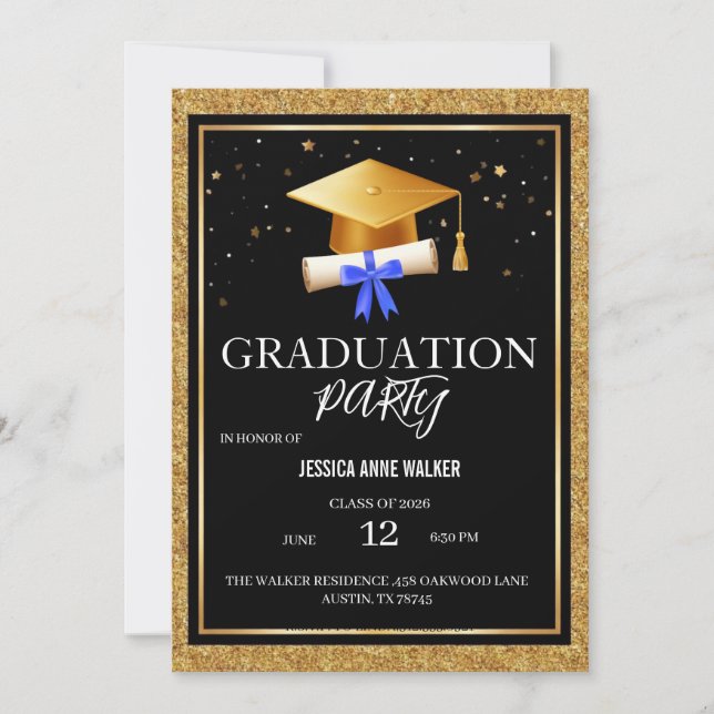 Invitación elegante de oro para fiesta de graduaci (Anverso)