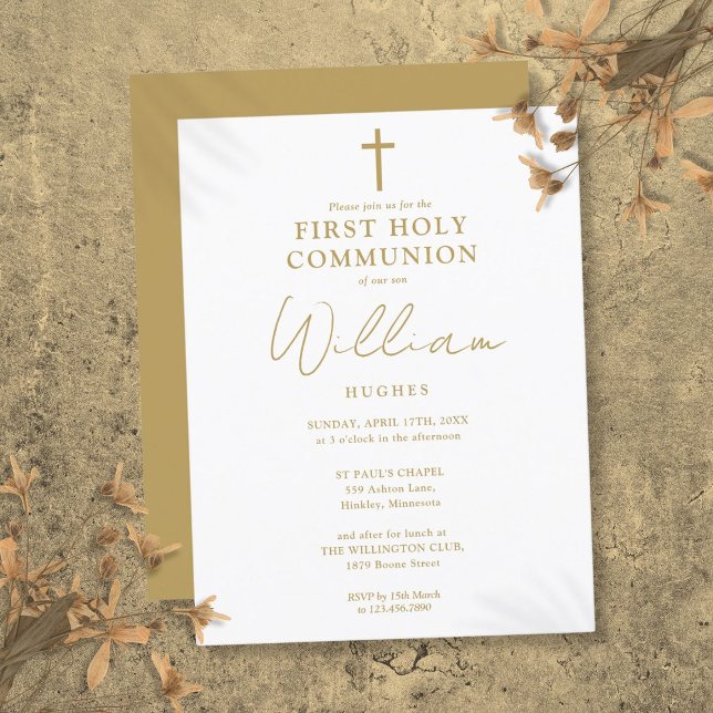 Invitación elegante de oro para Primera Comunión (Elegant Gold First Holy Communion Invitation Postcard)