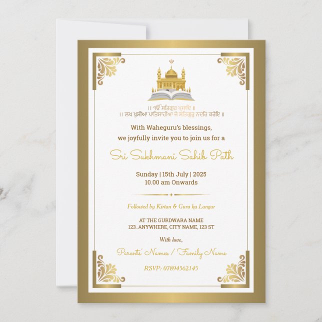 Invitación elegante de oro para Sri Sukhmani Sahib (Anverso)