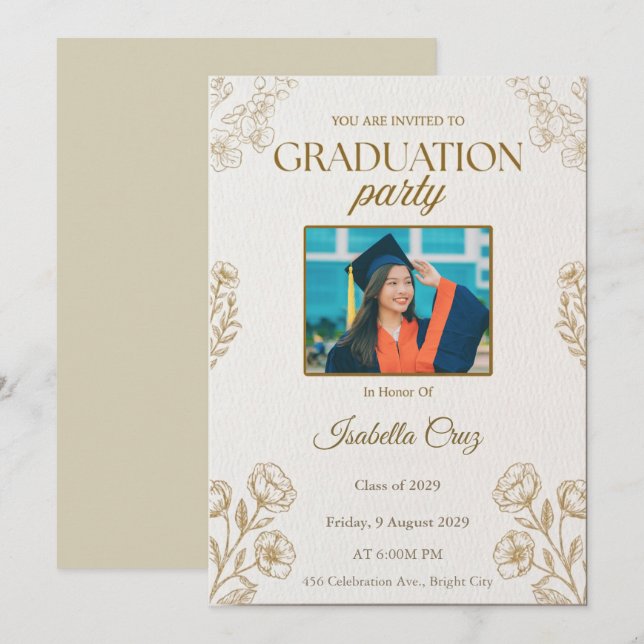 Invitación elegante de oro y blanco para fiesta de (Anverso / Reverso)