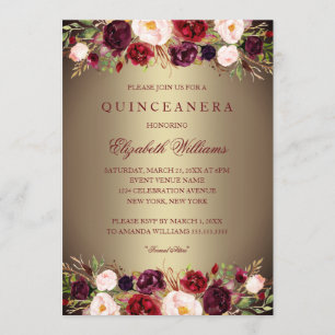Invitación elegante de oro y borgoña para Quinceañ