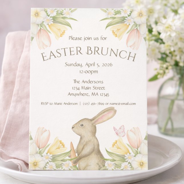 Invitación elegante de Pascua con conejito floral  (Subido por el creador)