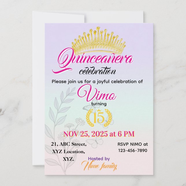 Invitación Elegante de Pastel Botánico para Quince (Anverso)