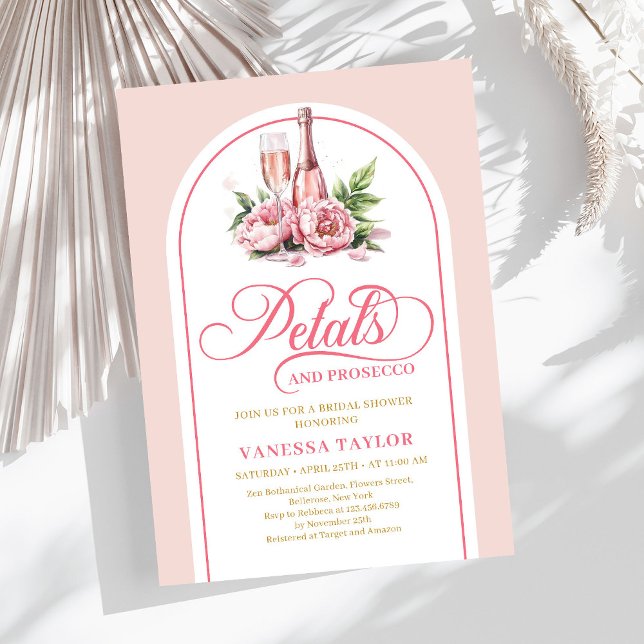 Invitación elegante de pétalos y prosecco con toqu (Elegant petals and prosecco blush gold invitation)