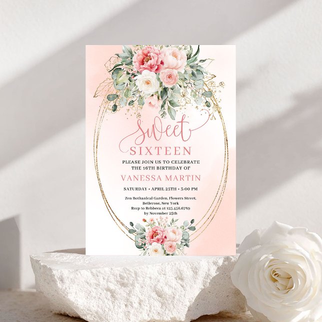 Invitación Elegante de Princesa con Floral Rosa pa (Elegant Princess Blush Floral Sweet Sixteen Invite)