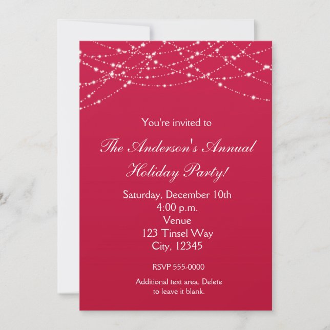Invitación elegante de purpurina roja para vacacio (Anverso)