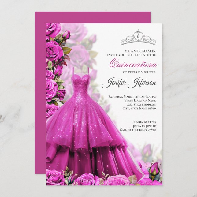 Invitación Elegante de Quinceañera (Anverso / Reverso)