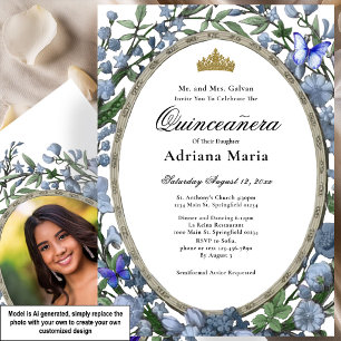 Invitación Elegante de Quinceañera con Flores Azul