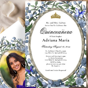 Invitación Elegante de Quinceañera con Flores Azul