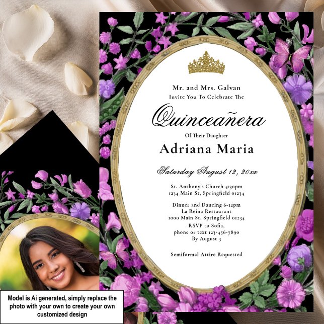 Invitación Elegante de Quinceañera con Flores Rosa (Subido por el creador)