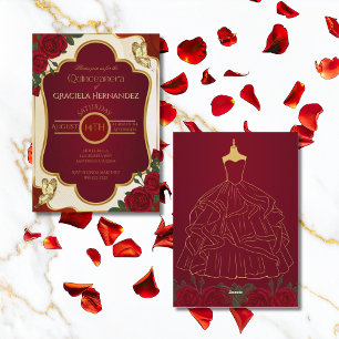 Invitación elegante de Quinceañera en oro y borgoñ