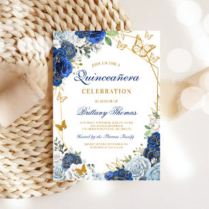 Invitación Elegante de Quinceañera Floral Azul
