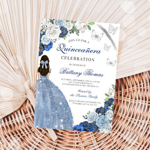 Invitación Elegante de Quinceañera Floral Azul