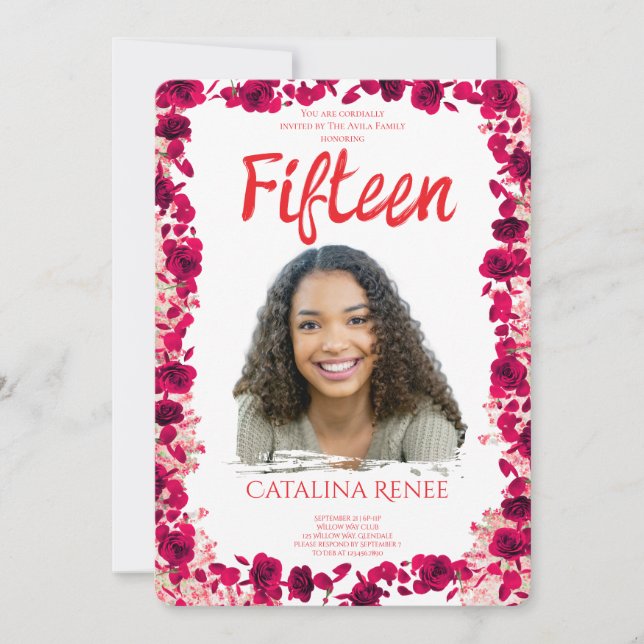 Invitación elegante de quinceañera floral con toqu (Anverso)