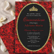 Invitación Elegante de Quinceañera Floral Oro Rojo