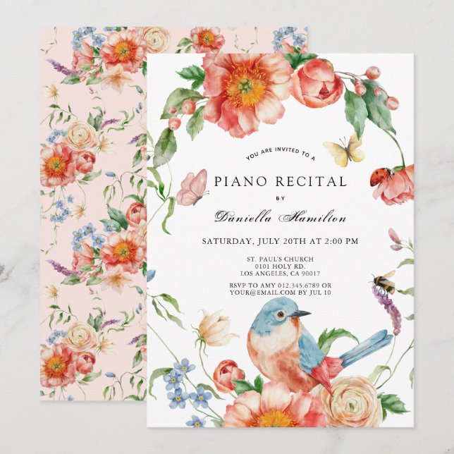 Invitación elegante de recital de piano floral ros (Anverso / Reverso)