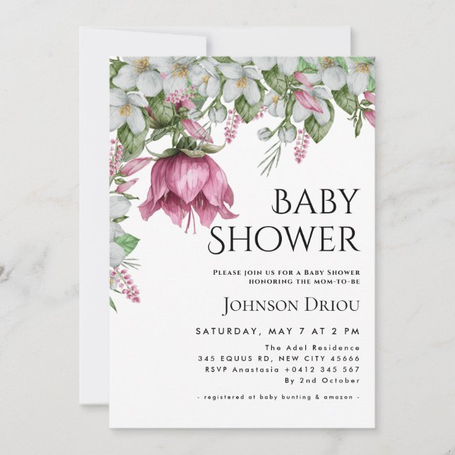 Invitación elegante de shower de bebé con flores (Anverso)