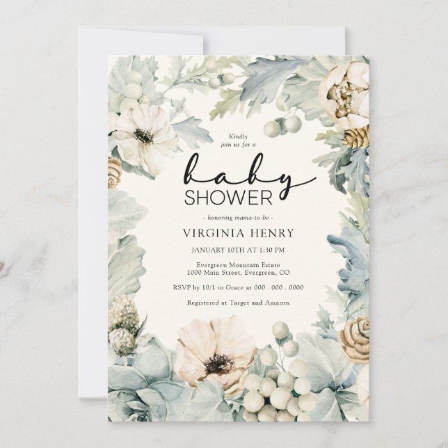 Invitación elegante de shower de bebé floral (Anverso)