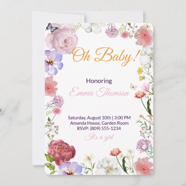 Invitación elegante de shower de bebé floral – Acu (Anverso)