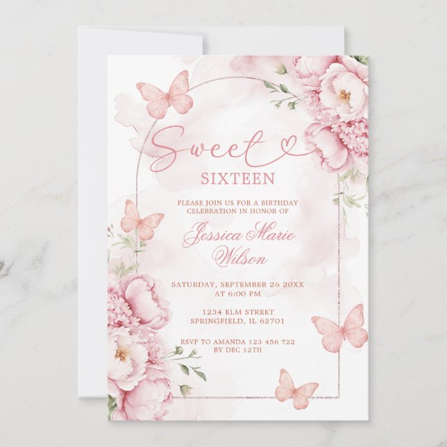 Invitación elegante de Sweet 16 rosa con mariposas (Anverso)