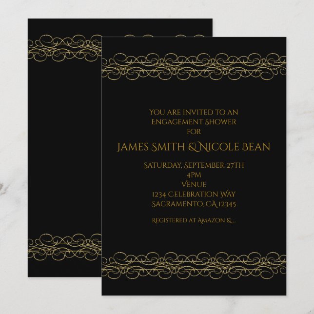 Invitación elegante de Swirl Moderno Negro y Oro (Anverso / Reverso)