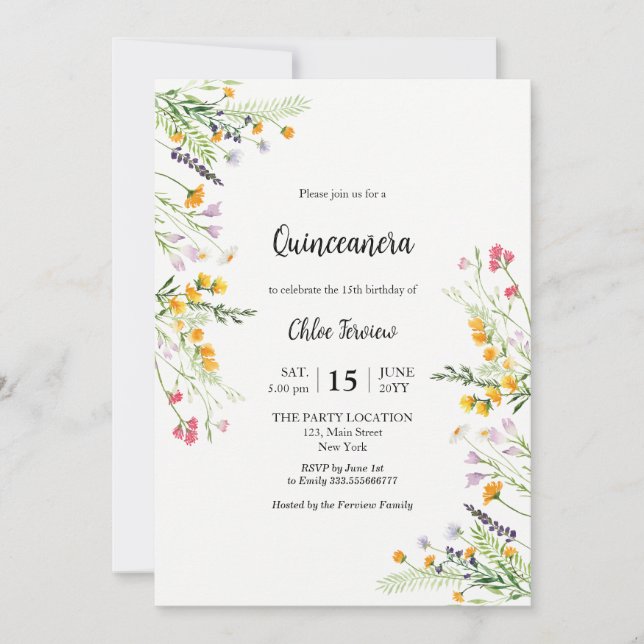 Invitación elegante de Wildflower Quinceañera (Anverso)