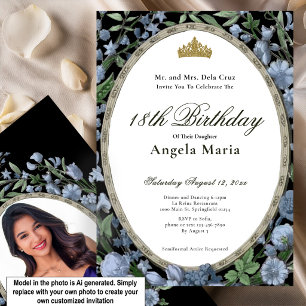 Invitación Elegante Debut de Cumpleaños 18 Azul Floral