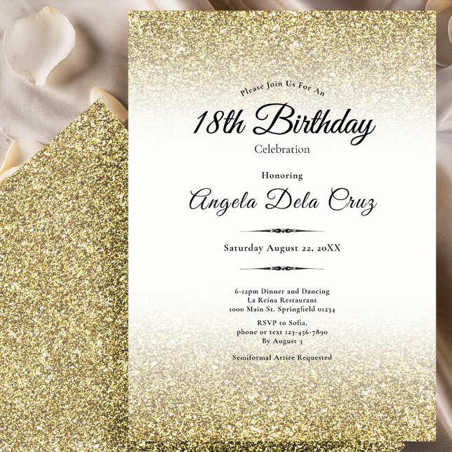 Invitación Elegante Debut de Cumpleaños 18 con Brillo Dorado (Subido por el creador)