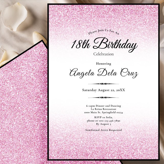 Invitación Elegante debut de cumpleaños 18 con brillo rosa (Subido por el creador)