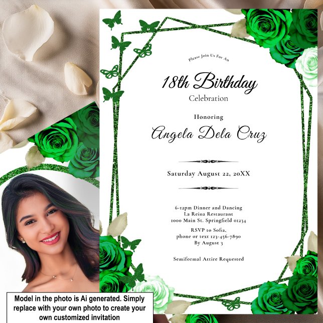 Invitación Elegante Debut de Rosa Verde Esmeralda Cumpleaños  (Subido por el creador)