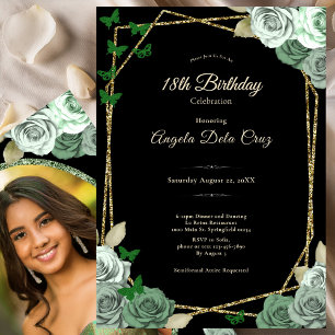 Invitación Elegante Debut de Rosa Verde Sage Negro Cumpleaños