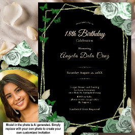 Invitación Elegante Debut de Rosa Verde Sage Negro Cumpleaños