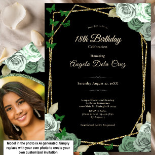 Invitación Elegante Debut de Rosa Verde Sage Negro Cumpleaños