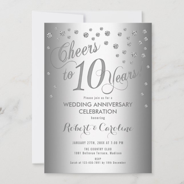 Invitación Elegante décimo aniversario Boda - Blanco plateado (Anverso)