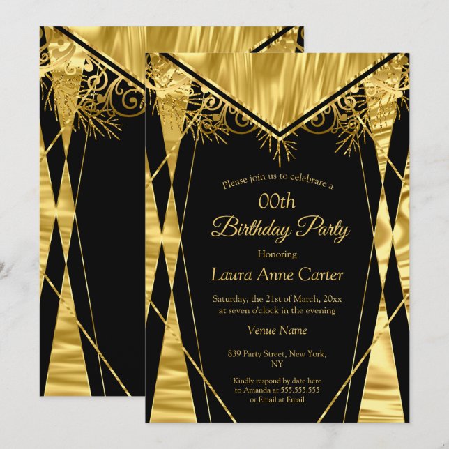 Invitación Elegante Deco Black Gold Faux Relieve metalizado F (Anverso / Reverso)