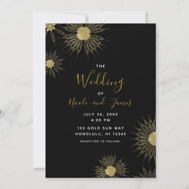 Invitación Elegante Deco dorado Mandala Floral Boda negro (Anverso)