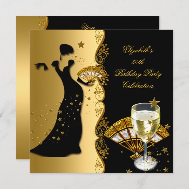 Invitación Elegante Deco Lady 50 cumpleaños fiesta de oro neg (Anverso / Reverso)
